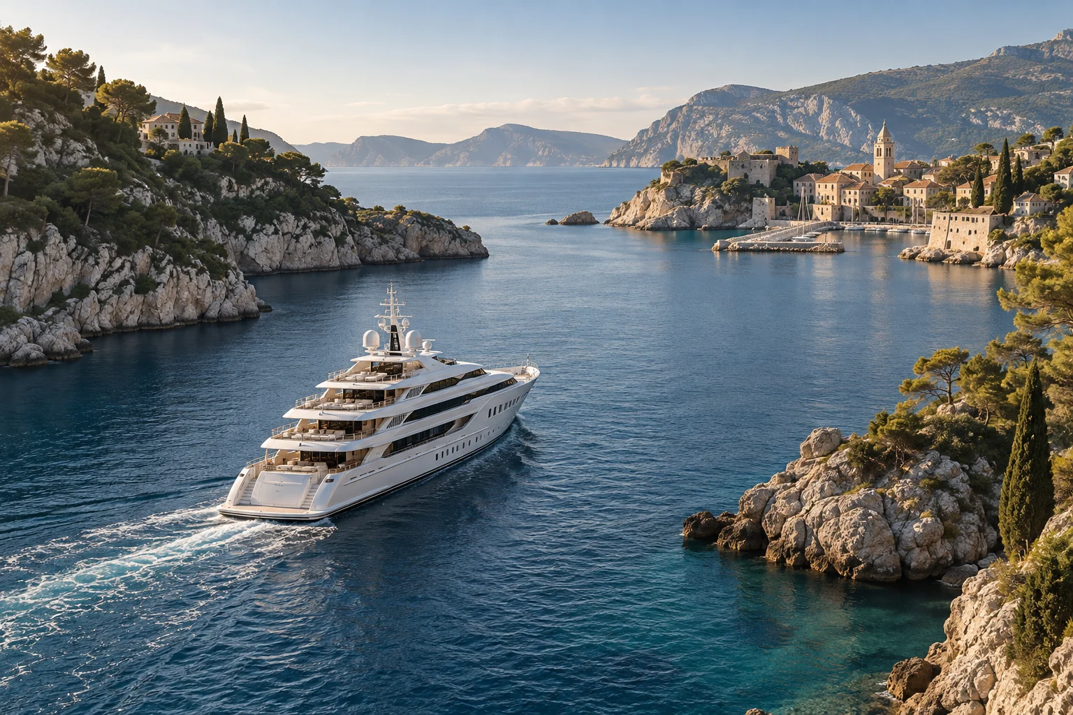 Motor yacht entering a sheltered Mediterranean bay