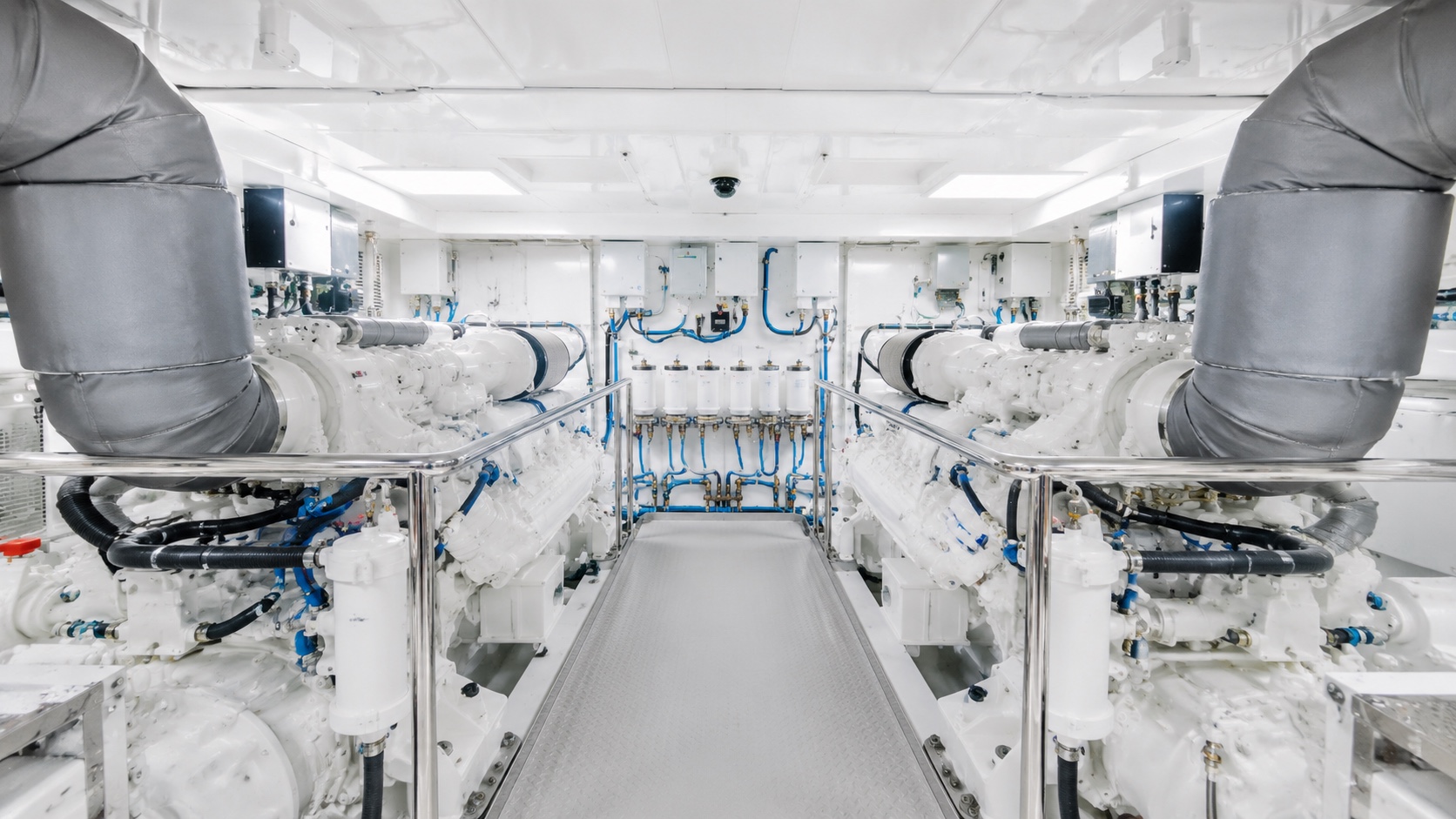Immaculately maintained motor yacht engine room with twin main engines